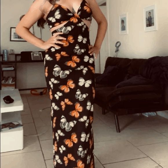 Liz & Sara Black Orange Butterfly Cut Out Stretchy Maxi Dress NWT - Picture 9 of 10